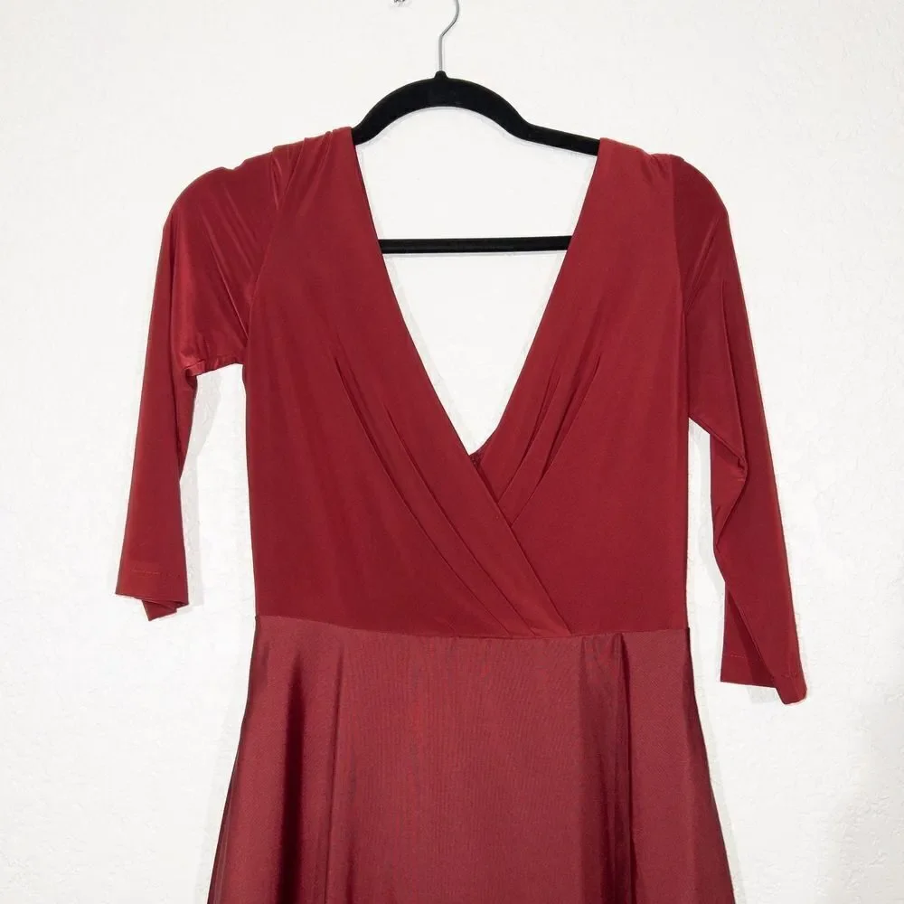New Alfred‎ Sung Burgundy Mikado 3/4 Sleeve V Neck Gown Size 2 - Picture 3 of 9